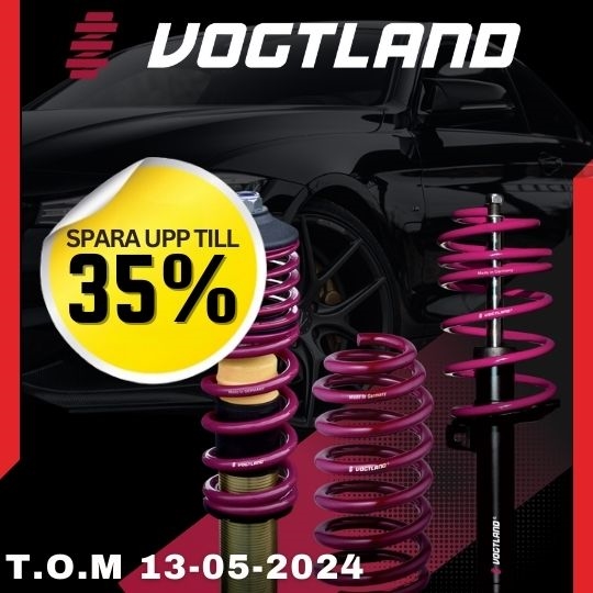 Spara upp till 35% på Vogtland; sänk bilen med deras coilvoers, sänkningssats eller väghållningssats.